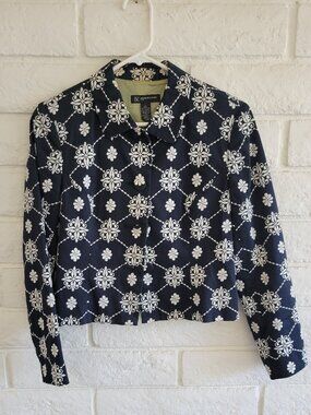 Womens Black and White Patterned Button Up Coat Jacket Blazer Sz S